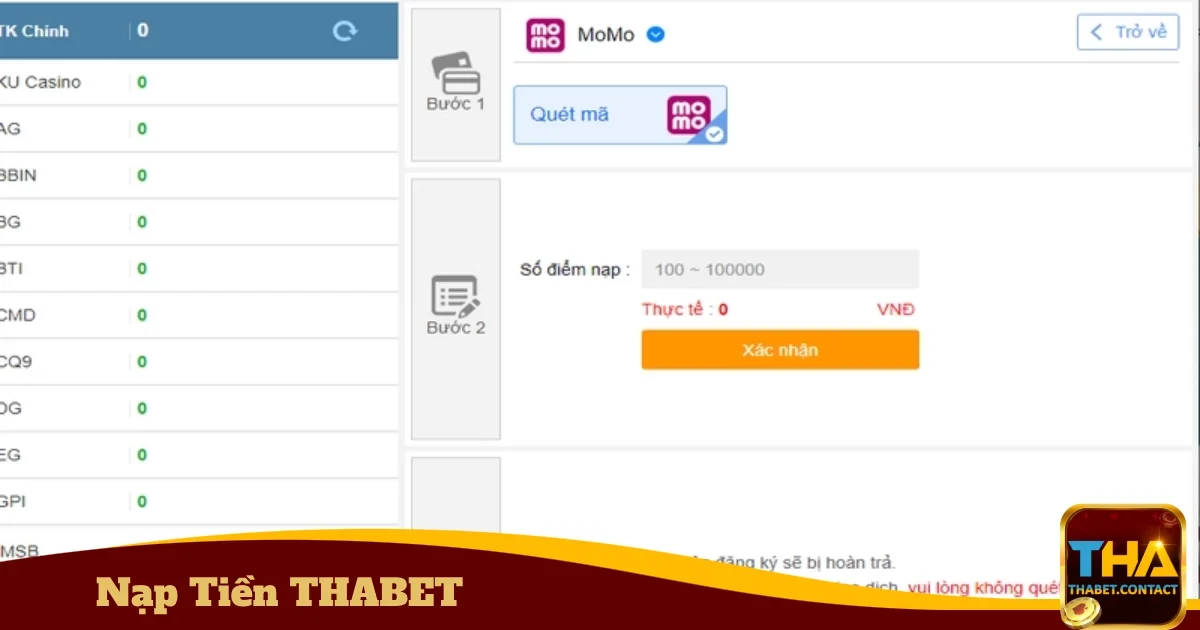 Hướng dẫn nạp tiền THABET
